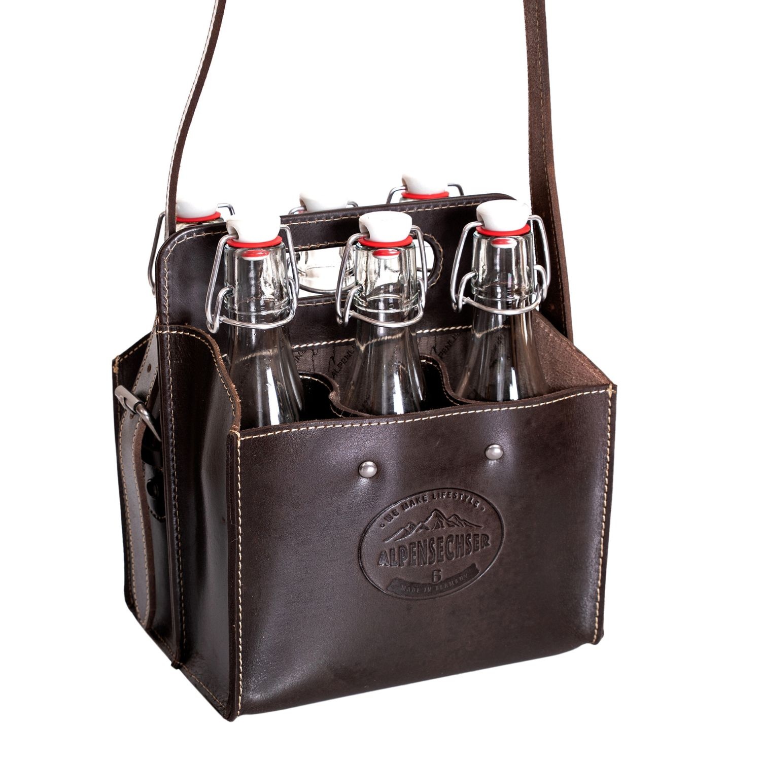 ALPENLEDER Getränketasche ALPENSECHSER-Harness Chocolate Passend für 6x 0,5 Liter Flaschen, abnehmbarer Schultergurt