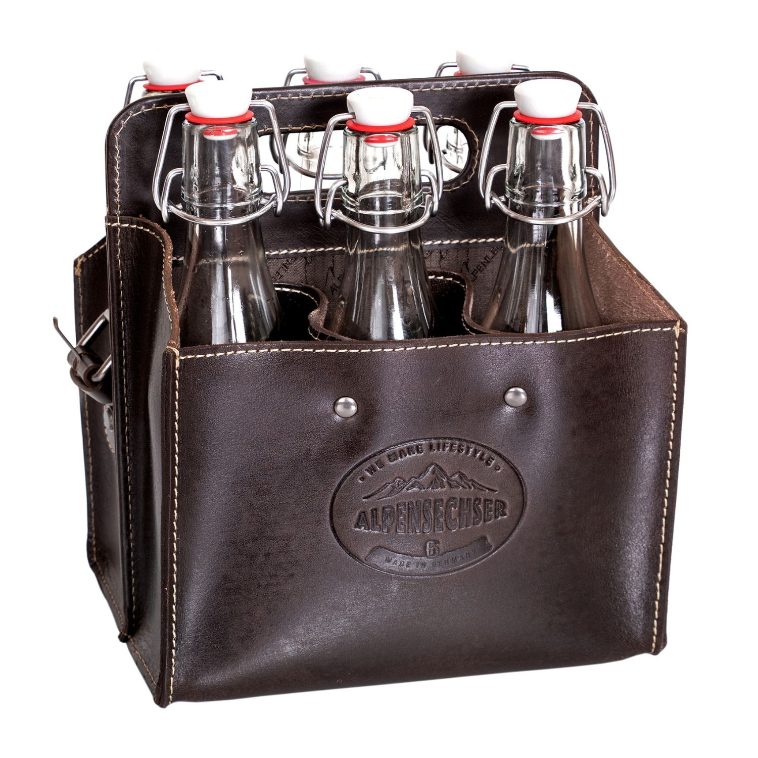 ALPENLEDER Getränketasche ALPENSECHSER-Harness Chocolate Passend für 6x 0,5 Liter Flaschen, abnehmbarer Schultergurt