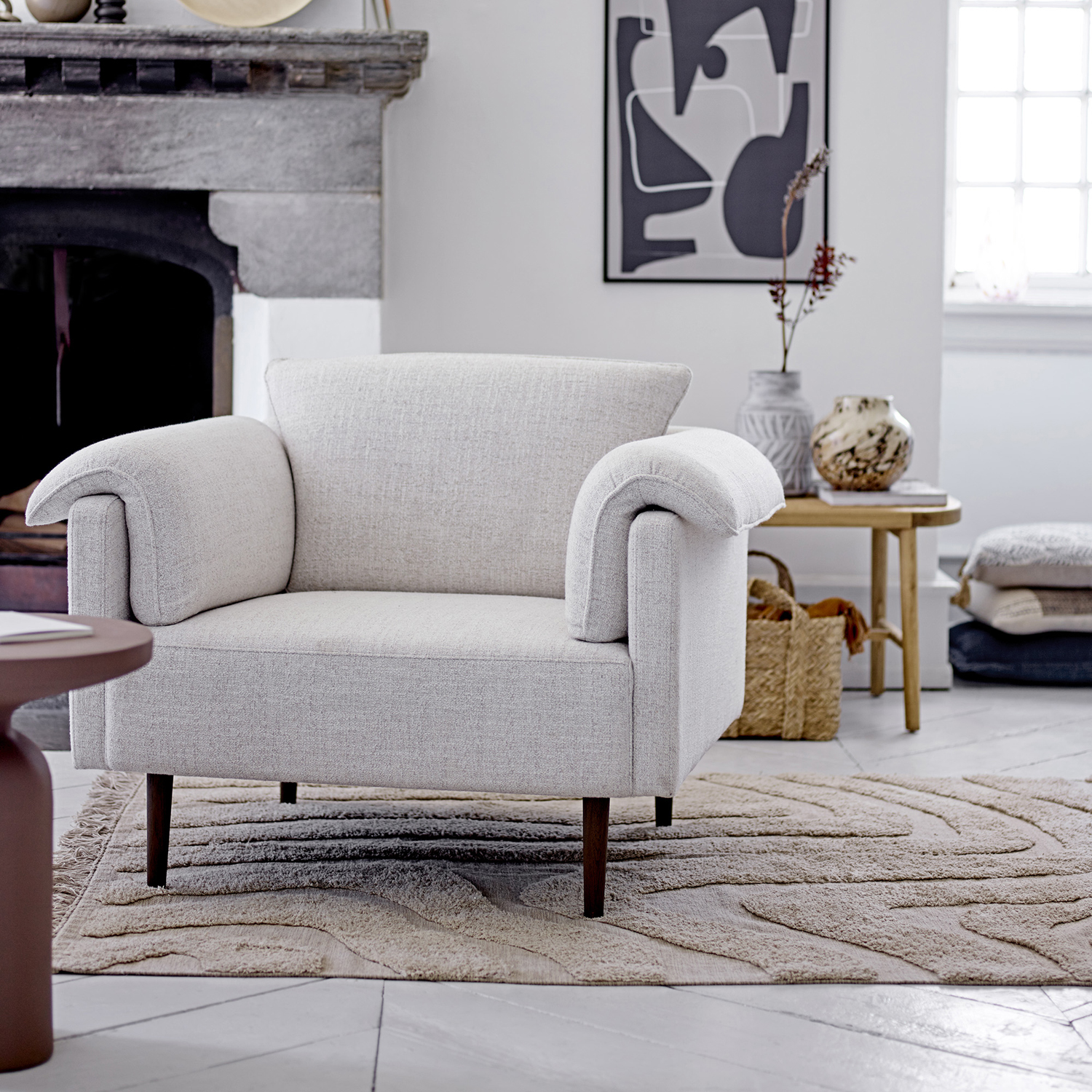Bloomingville Loungesessel Chesham weiß moderner Wohnsessel mit minimalistischen Füssen Eiche