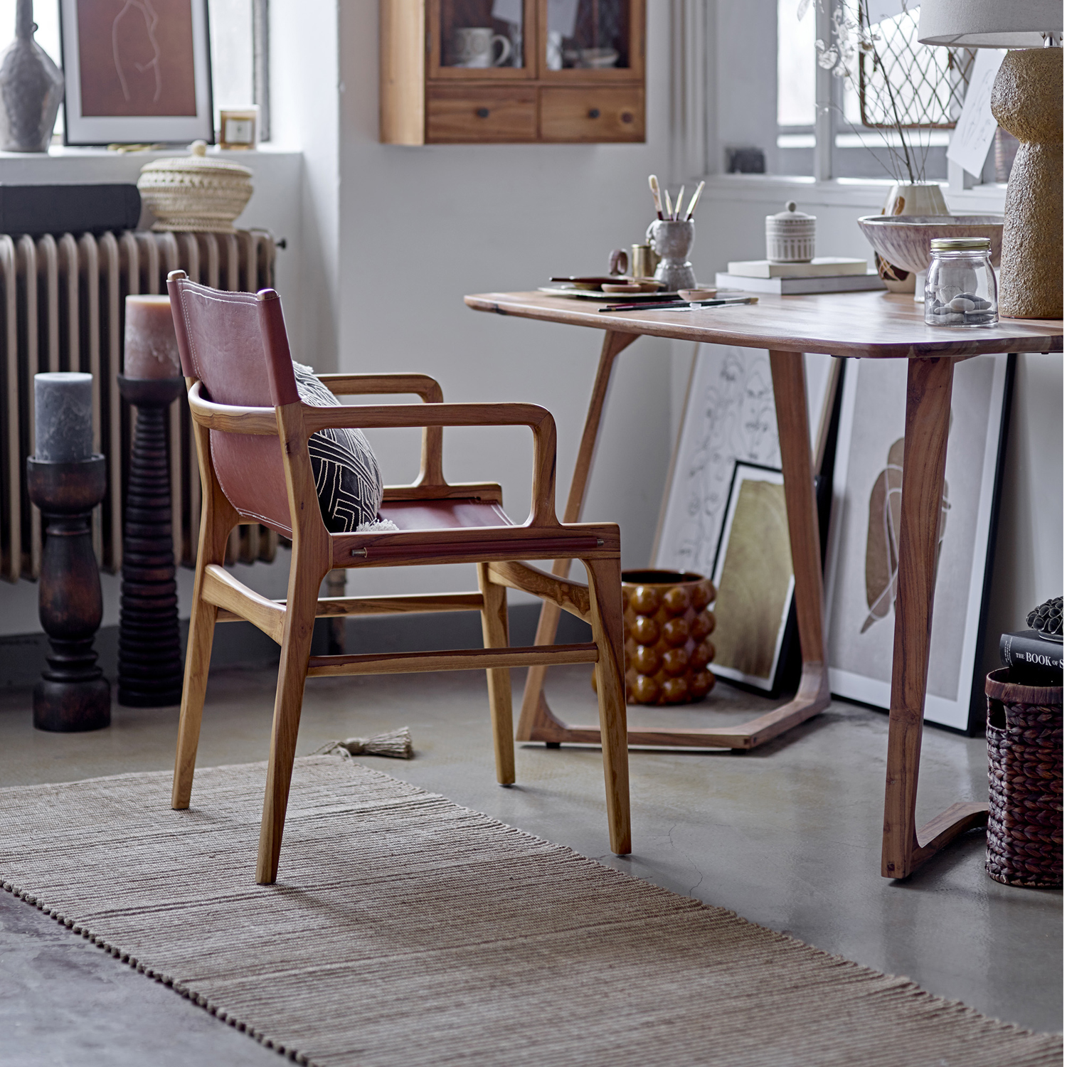Bloomingville Loungesessel Ollie braun Sessel Teakholz und Rindsleder