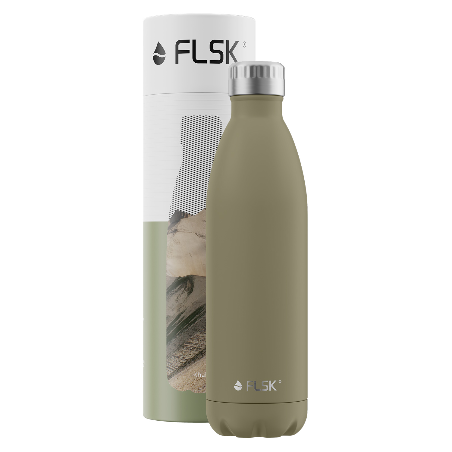 FLSK Trinkflasche Edelstahl khaki Inhalt 750ml Thermosflasche Trinköffnung 3,4cm in Geschenkbox