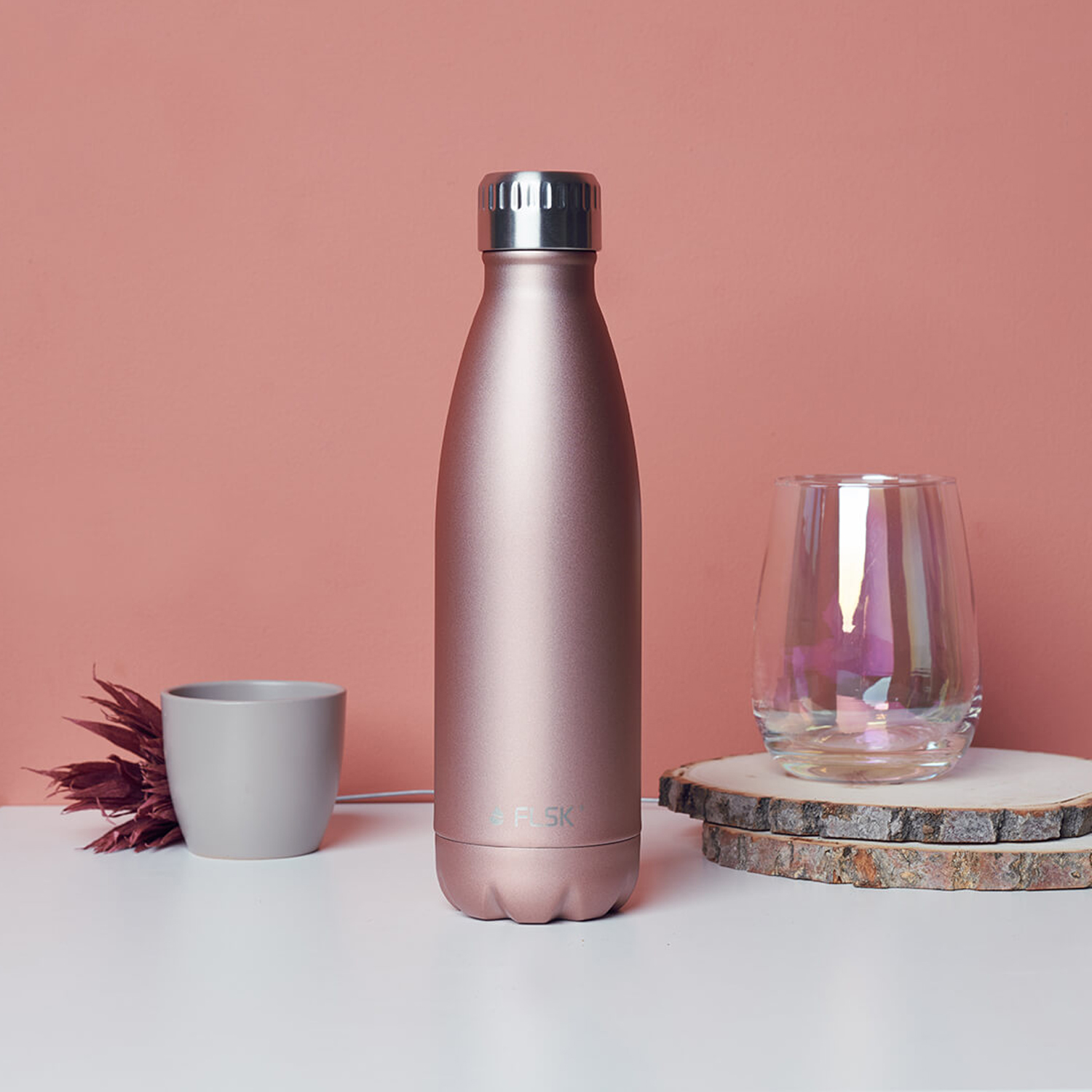 FLSK Trinkflasche Edelstahl rosegold Inhalt 750ml Thermosflasche Trinköffnung 3,4cm in Geschenkbox