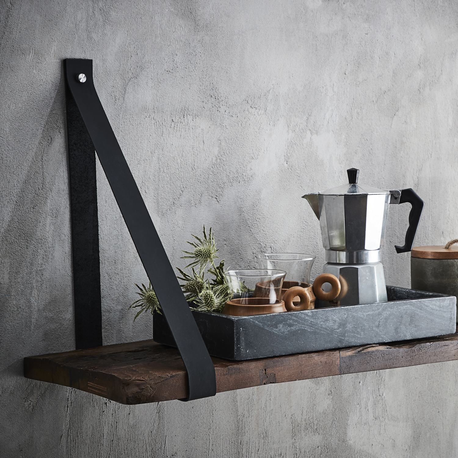 FUHRHOME Aros Regal 3er Set 3 Regale aus Leder und recyceltem Holz