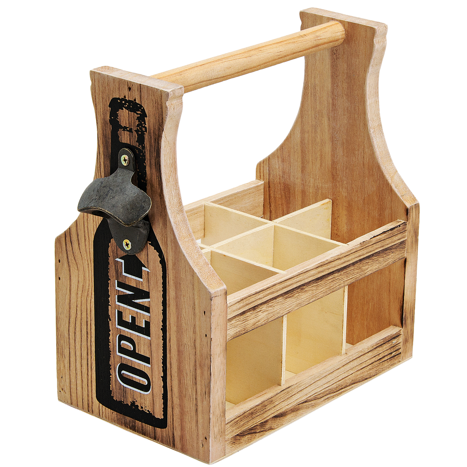 Flaschenbox aus Holz und Metall 29x28x17cm Träger für 6 Flaschen ⌀ 64mm, mit Flaschenöffner