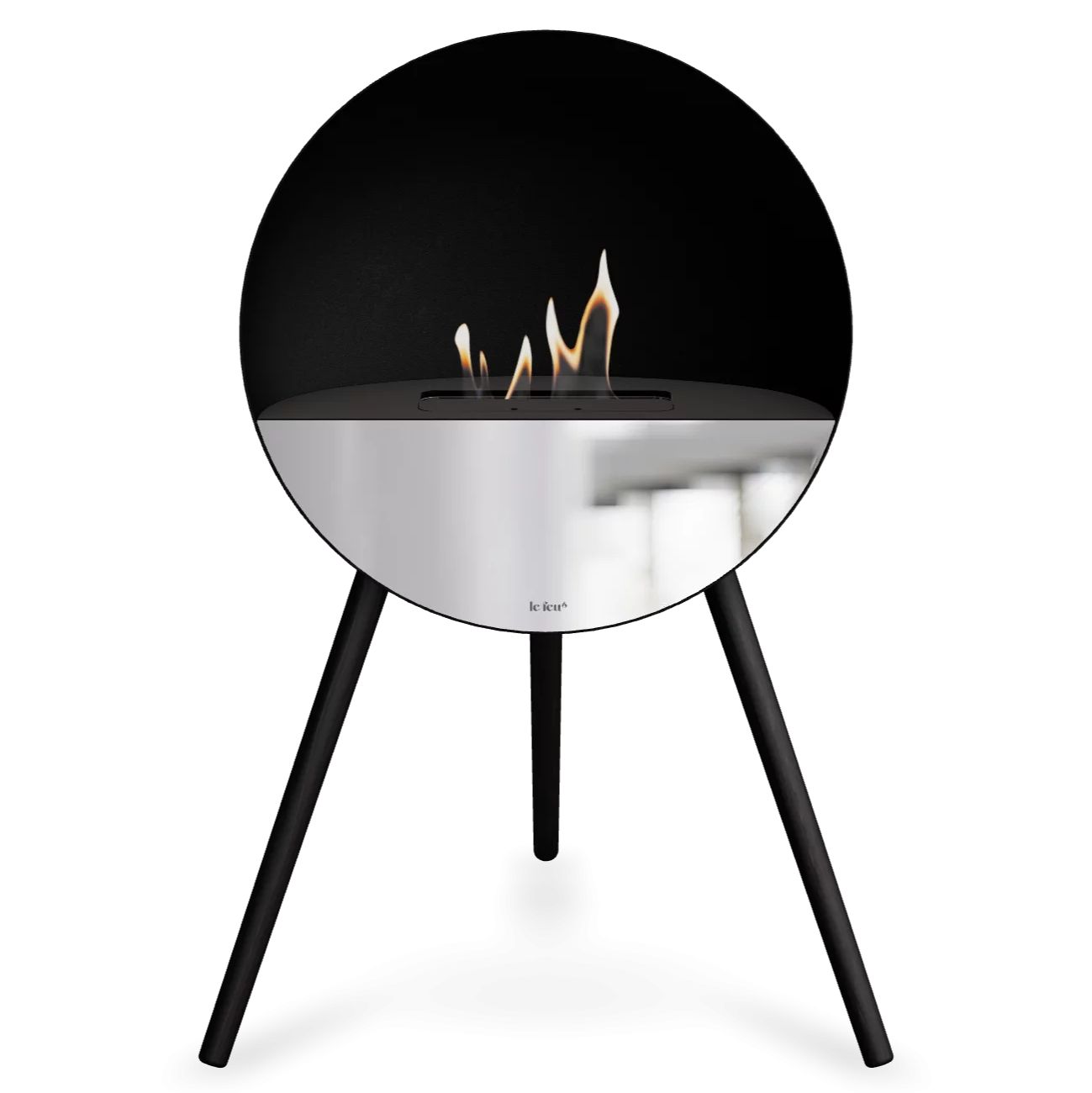 Le Feu Bioethanol Kamin EYE Black Front Glas Mirror Kamin Dreibein Eiche black, Top Glas Black