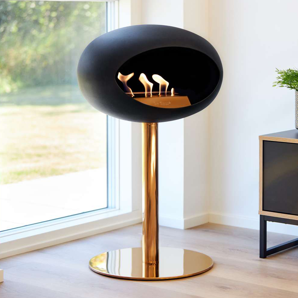 Le Feu Steel Bioethanol Kamin, stehend Schwarz 85cm, Stange 50cm, Ø 6cm, rose gold, Bodenplatte rose gold