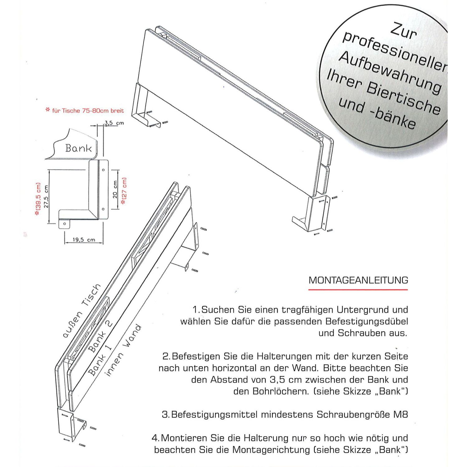 ROMODO Biertischgarnitur-Wandhalterung 50 2 Teile für einen Biertisch 50x220cm und 2 Bänke