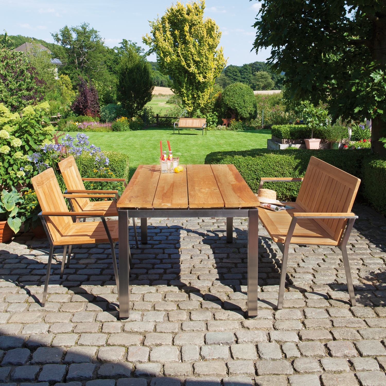 SonnenPartner Bank „Eclipse“ 2-Sitzer Edelstahl Old Teak Look – ROMODO