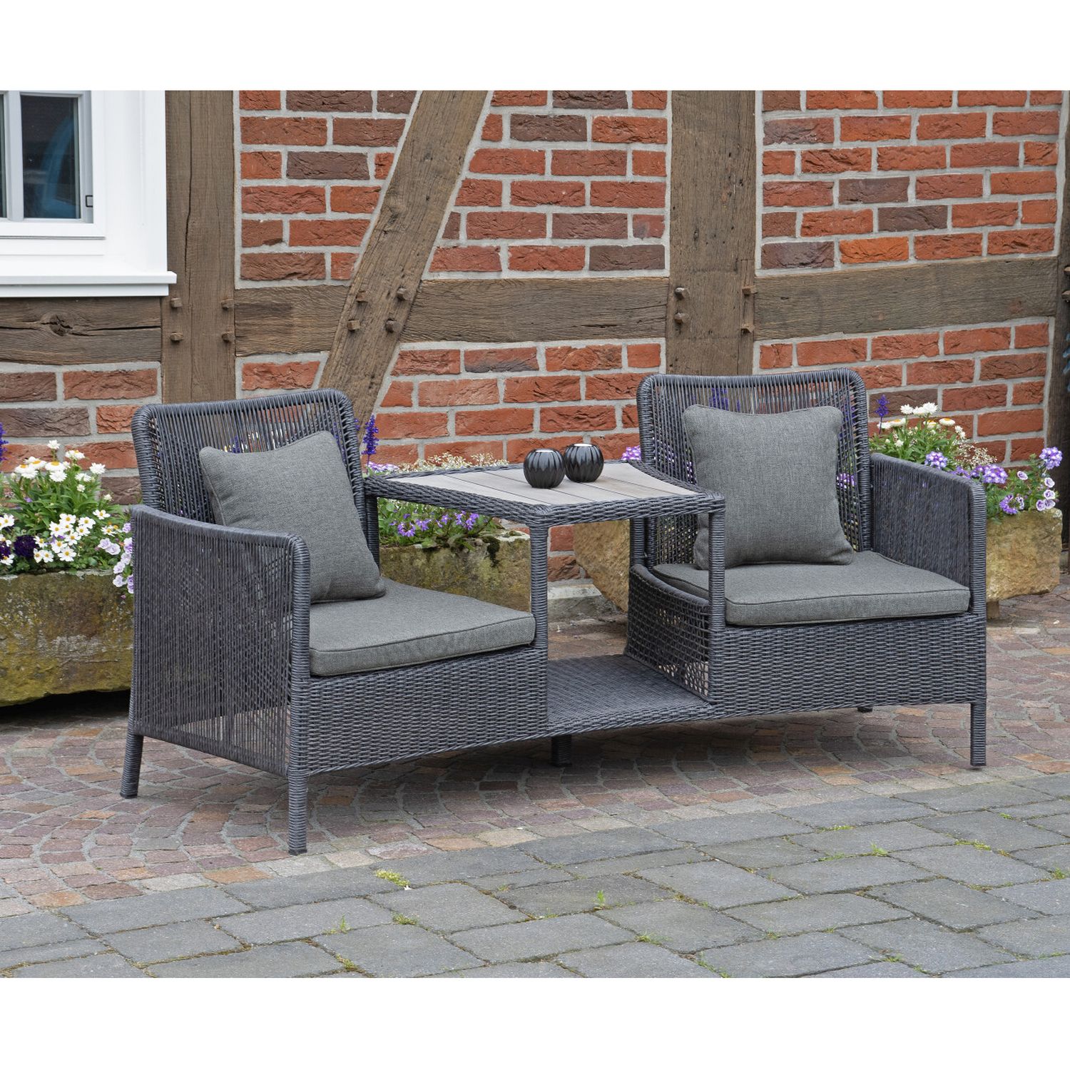 SonnenPartner Duo-Lounge Sitzgruppe LUNA coal grey Gartensessel mit Tisch Alu Geflecht inkl. Kissen Olefingewebe