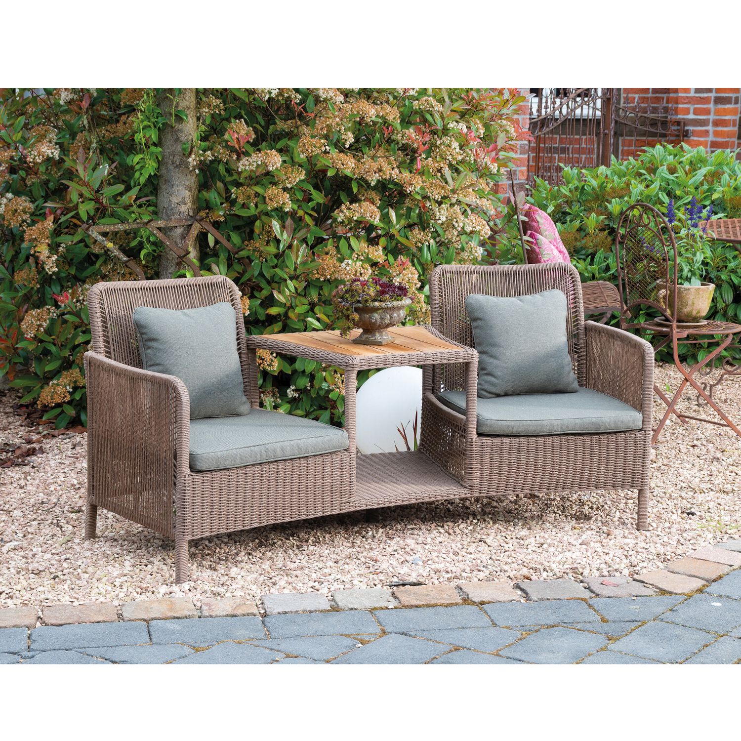 SonnenPartner Duo-Lounge Sitzgruppe LUNA honey braun Gartensessel mit Tisch Alu Geflecht inkl. Kissen Olefingewebe