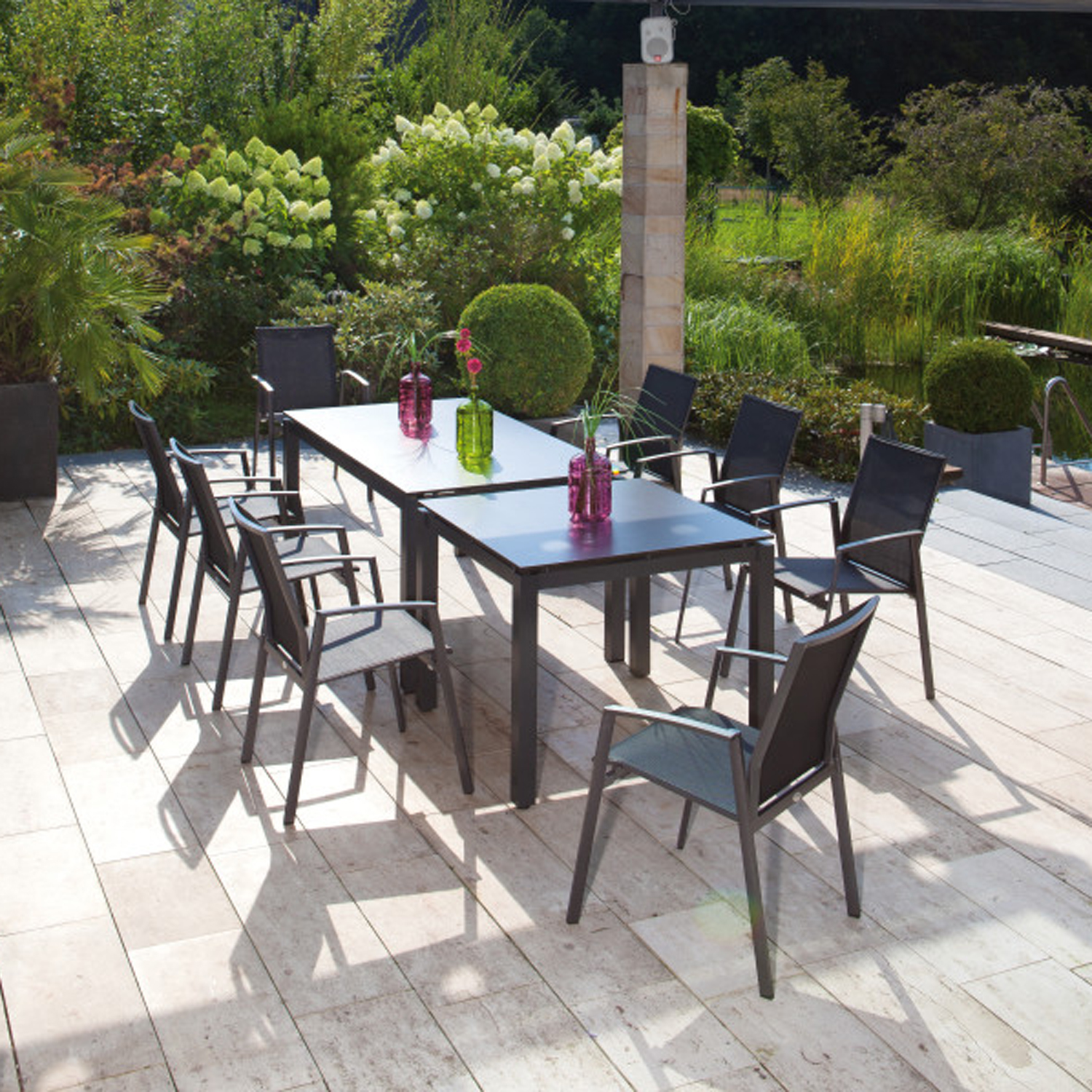 SonnenPartner Stapelsessel FRESNO 4er Set Gestell anthrazit 4 Gartensessel Alu Polstertextil schwarz