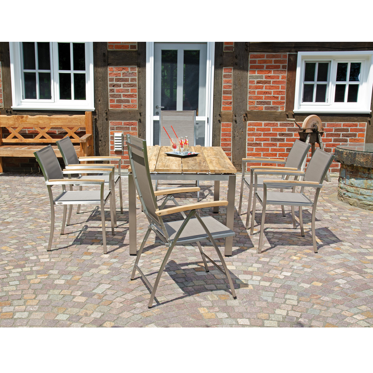 SonnenPartner Stapelsessel GALAXY 4er Set Edelstahl 4 Stück Gartensessel Teakarmlehnen Textilgewebe taupe