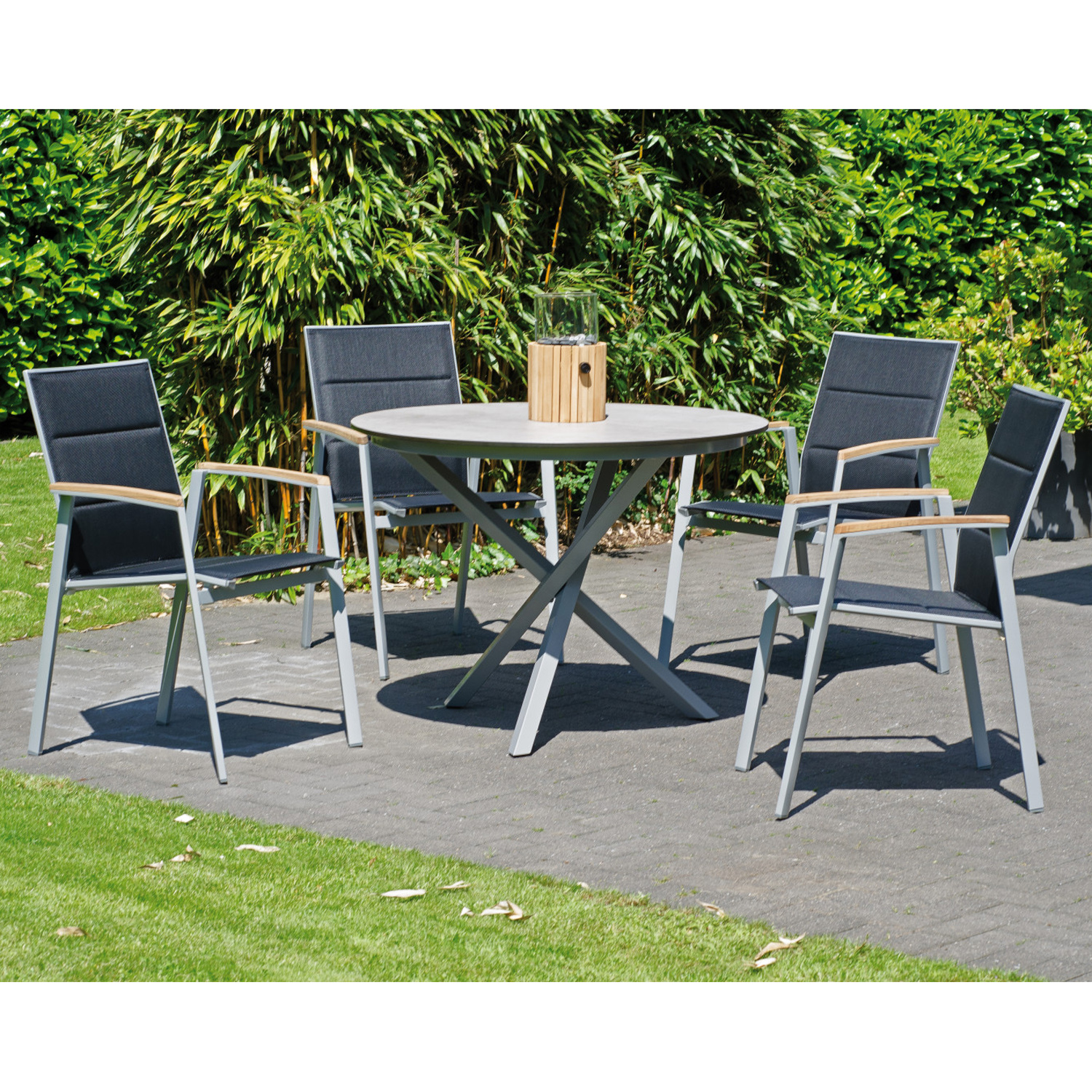 SonnenPartner Stapelsessel SIERRA 4er Set silber 4 Stück Gartensessel Alu Teakholzarmlehne Polstertextil