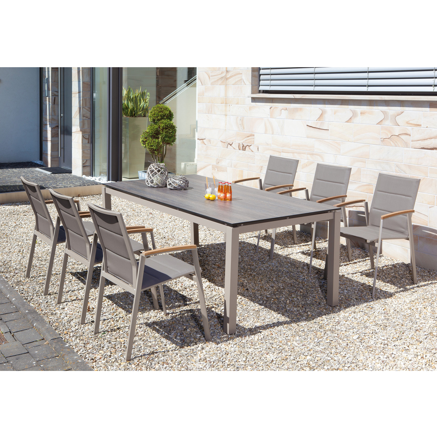 SonnenPartner Stapelsessel SIERRA 4er Set taupe 4 Stück Gartensessel Alu Teakholzarmlehne Polstertextil