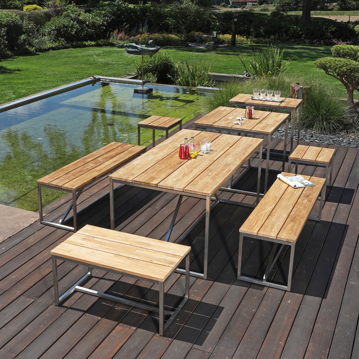 SonnenPartner Tisch „Skyline“ Edelstahl Teak – ROMODO