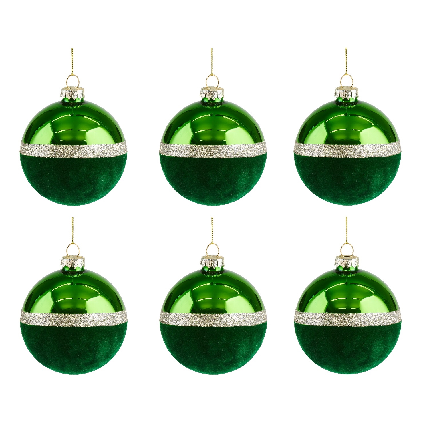 Weihnachtskugel Seoul Samt Set 8cm grün 6 Stück im Set Christbaumkugel mit Glitzerstreifen