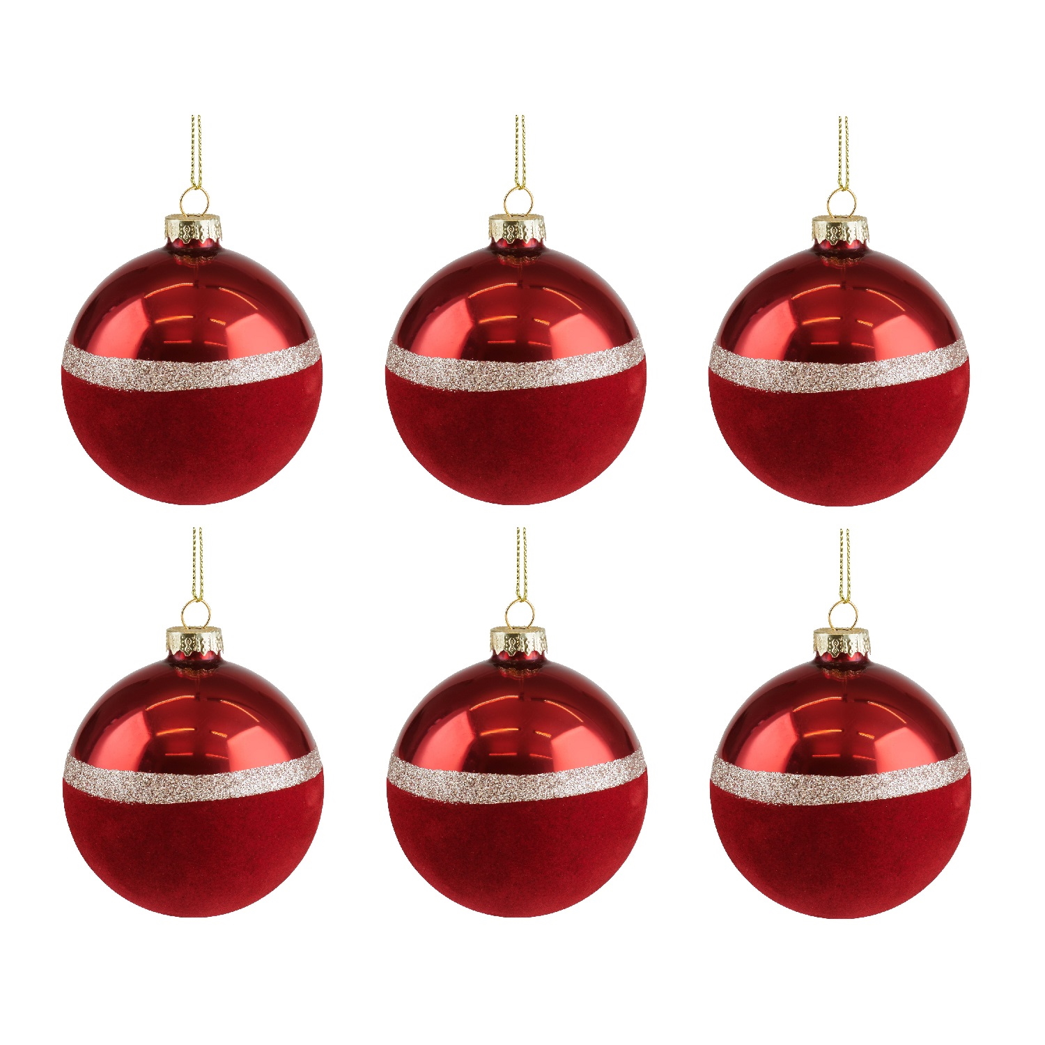 Weihnachtskugel Seoul Samt Set 8cm rot 6 Stück im Set Christbaumkugel mit Glitzerstreifen