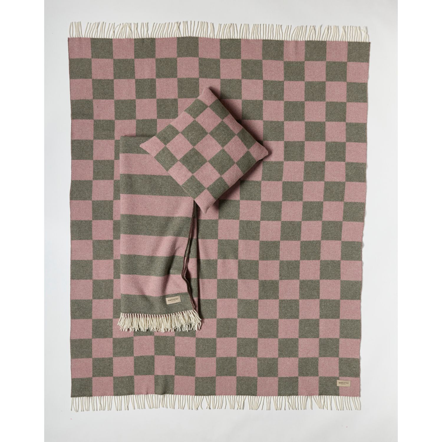 eskimo Decke Checks Schachbrett oliv rose Schweizer Merino-Wolldecke gemustert