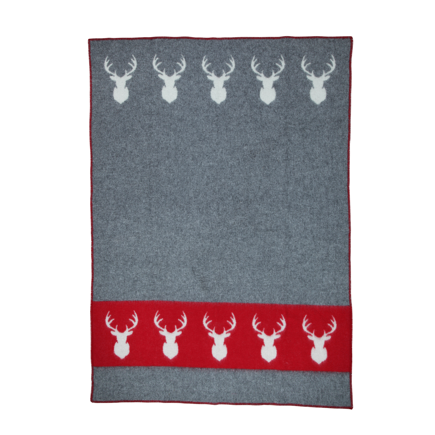 eskimo Plaid Dieci Cervi grau rot mit Motiv weiß Wolldecke aus Naturhaaren mit Kontrastkettelung