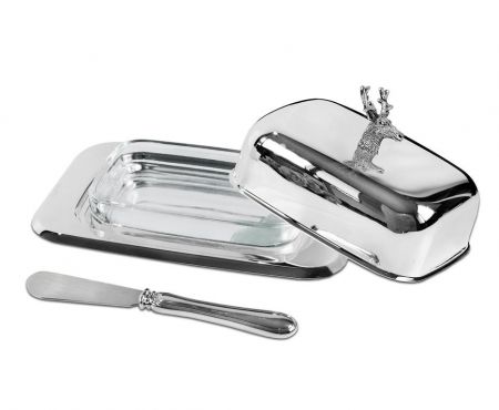 EDZARD Butterdose Hirsch versilbert 18x13 cm Höhe 8 cm mit Buttermesser