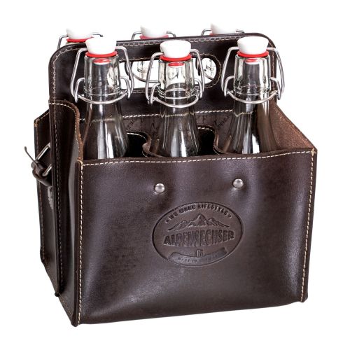 ALPENLEDER Getränketasche ALPENSECHSER-Harness Chocolate Passend für 6x 0,5 Liter Flaschen, abnehmbarer Schultergurt