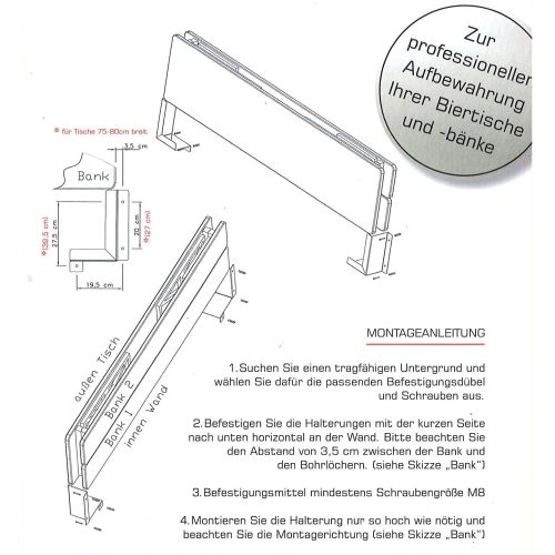 ROMODO Biertischgarnitur-Wandhalterung 50 2 Teile für einen Biertisch 50x220cm und 2 Bänke