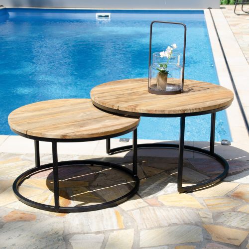 SonnenPartner Beistelltisch CAMBRIDGE 2er Set rund Gartentisch Metallgestell Teakholzplatte