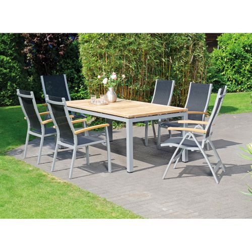 SonnenPartner Stapelsessel FLORIDA 4er Set Gestell silber 4 Gartensessel Alu Textil schwarz Teakarmlehne