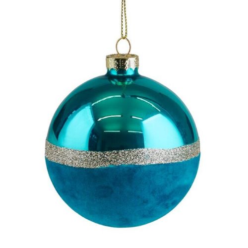 Weihnachtskugel Seoul Samt Set 8cm blau 6 Stück im Set Christbaumkugel mit Glitzerstreifen