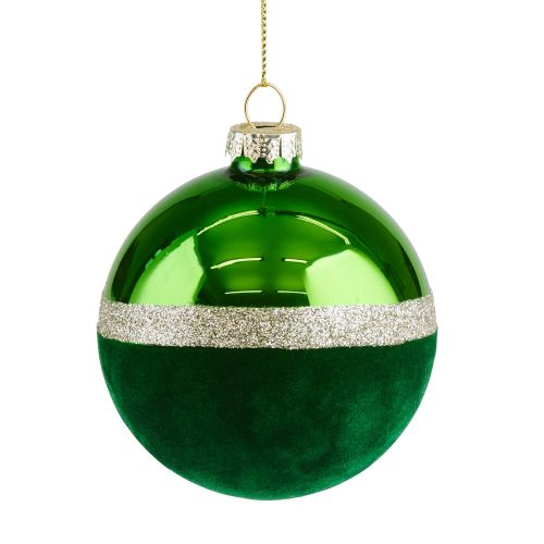 Weihnachtskugel Seoul Samt Set 8cm grün 6 Stück im Set Christbaumkugel mit Glitzerstreifen