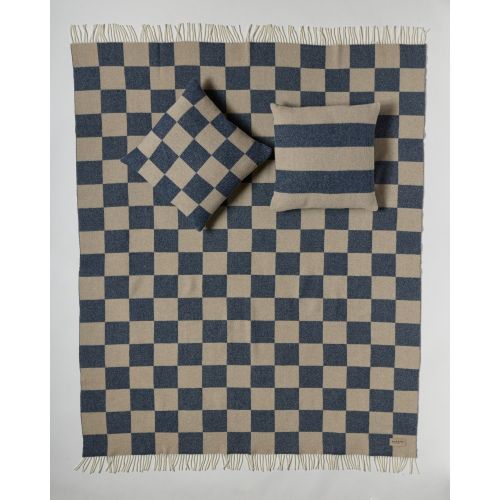 eskimo Decke Checks Schachbrett marine beige Schweizer Merino-Wolldecke gemustert
